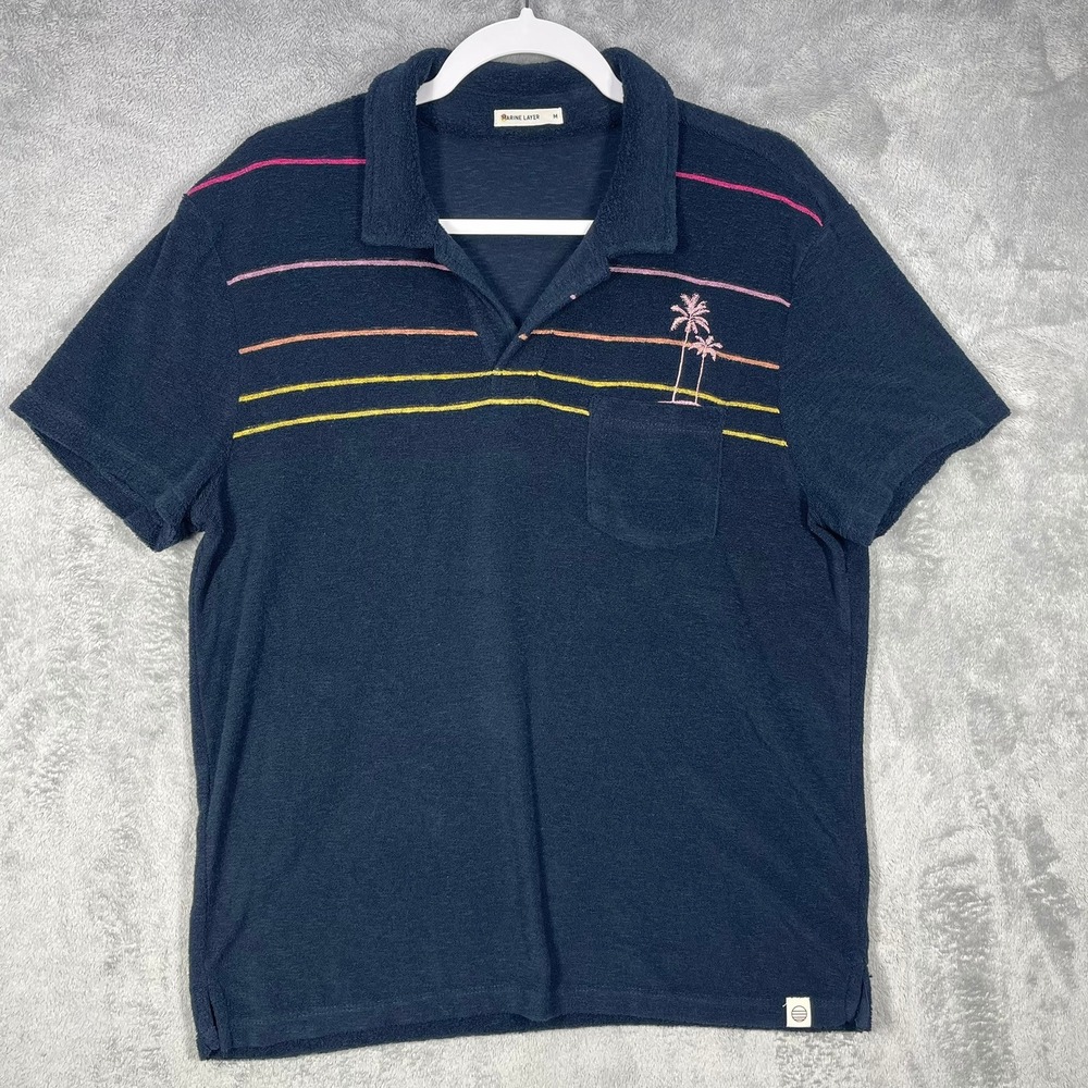 Marine Layer Terry Polo Mens Medium Blue Sunset Palm Tree Stripe Shirt